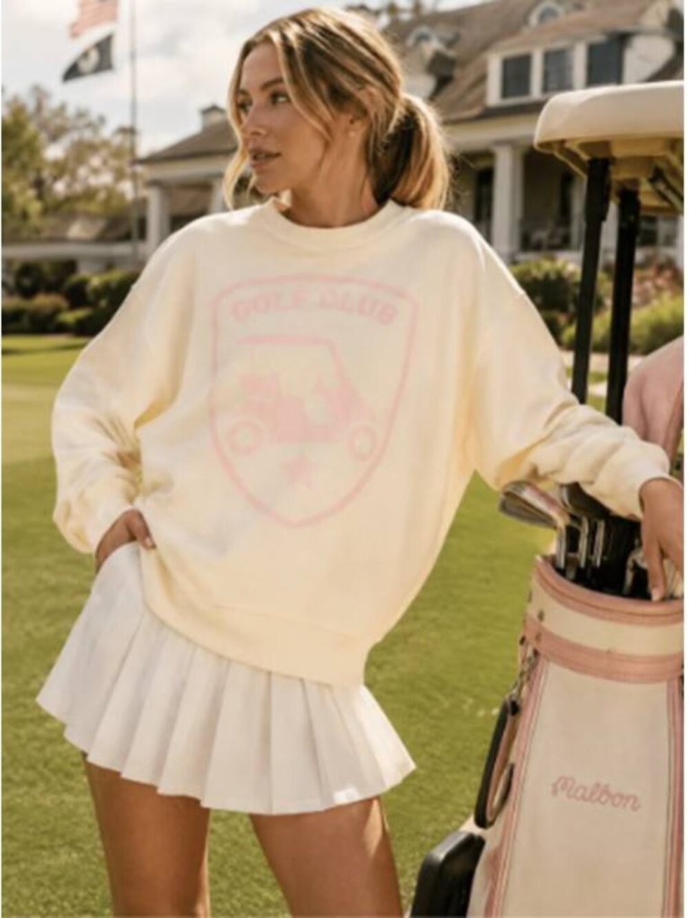 Womens Golf Club Graphic Cotton Knit Sweater Side Pockets Sport Cream Oversized